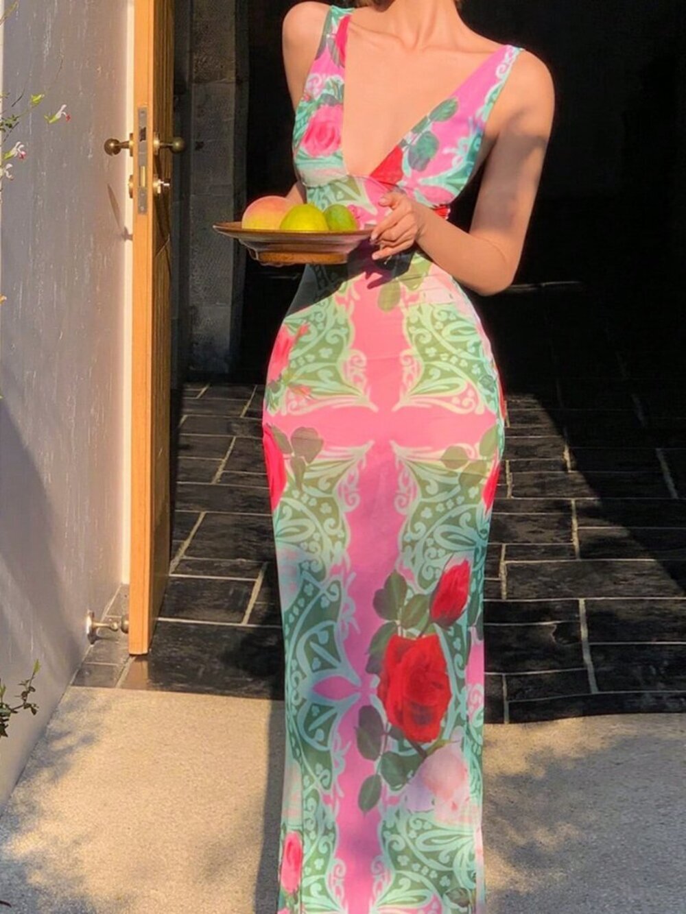 Multicolor Elegant Women's Sexy V-Neck Floral Bodycon Dress